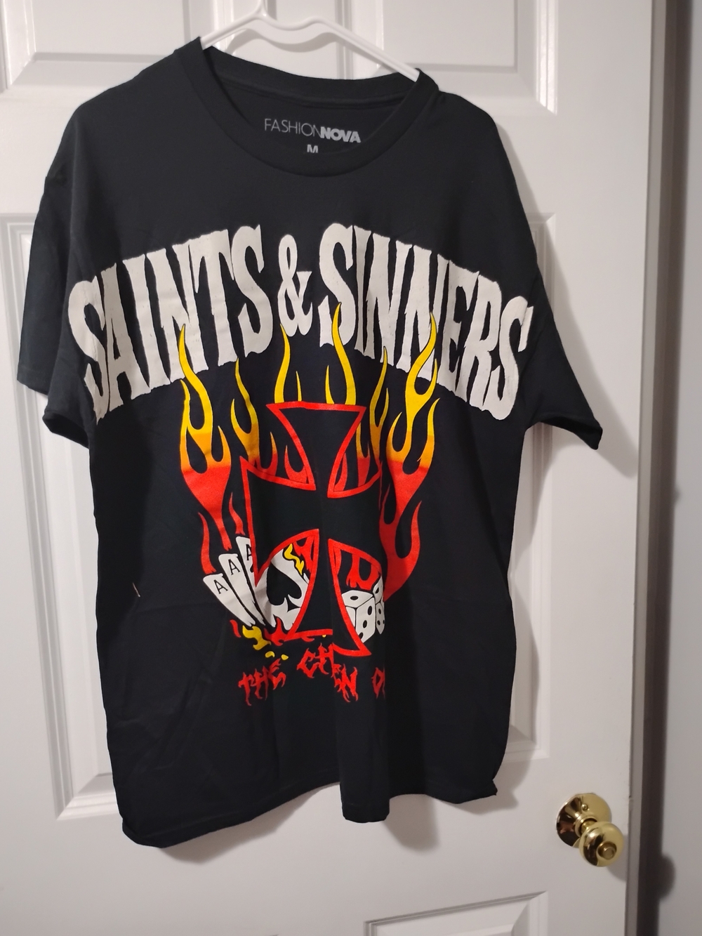 Fashion Nova Men's Black 'Saints & Sinners' Graphic Tee with Flame Print